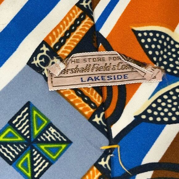 Marshall Field & Company Mens Geometric Floral Print Neck Tie Orange Black Blue - Picture 3 of 6